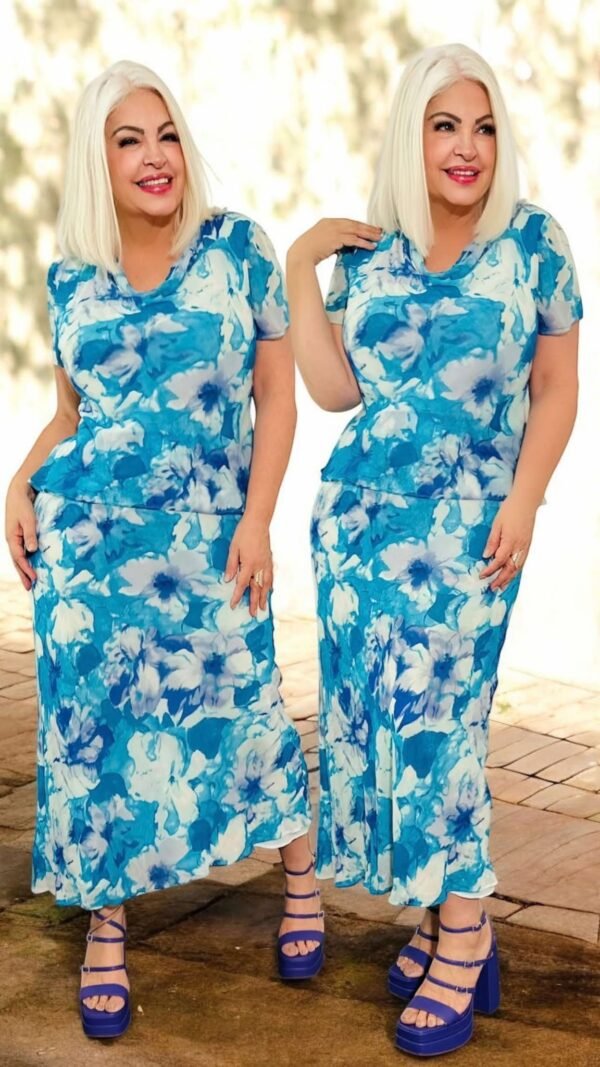 Vestido Midi de Seda Estampado Abstracto Floral en Tonos Azules Talla S-M-L