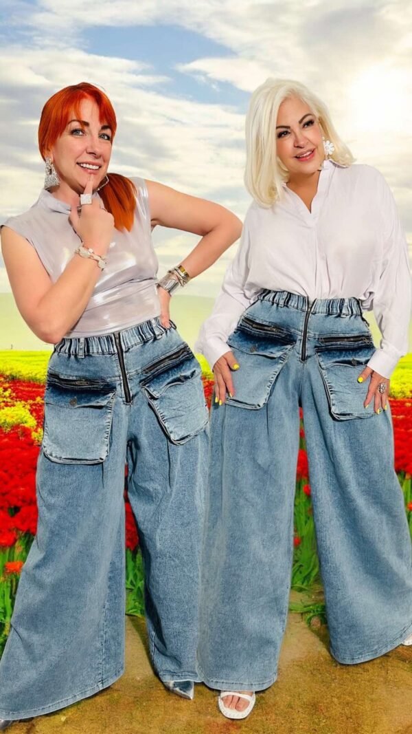 Jeans Palazzo de Tiro Alto con Elástico en la Cintura y Bolsillos Cargo Talla S-M-L