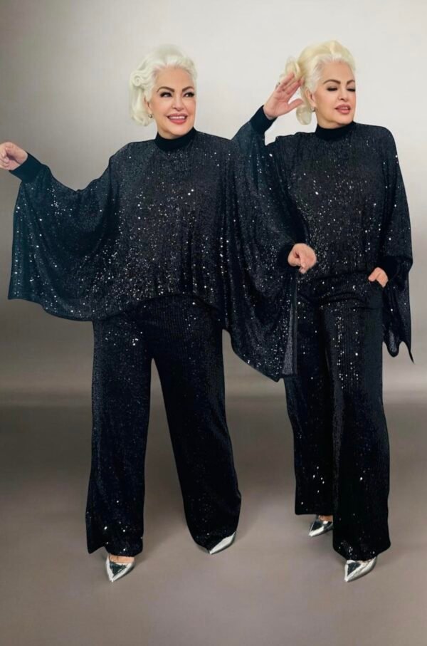 Conjunto de Pantalón y Blusa de Lentejuelas Negras - Elegancia Brillante y Comodidad Sofisticada