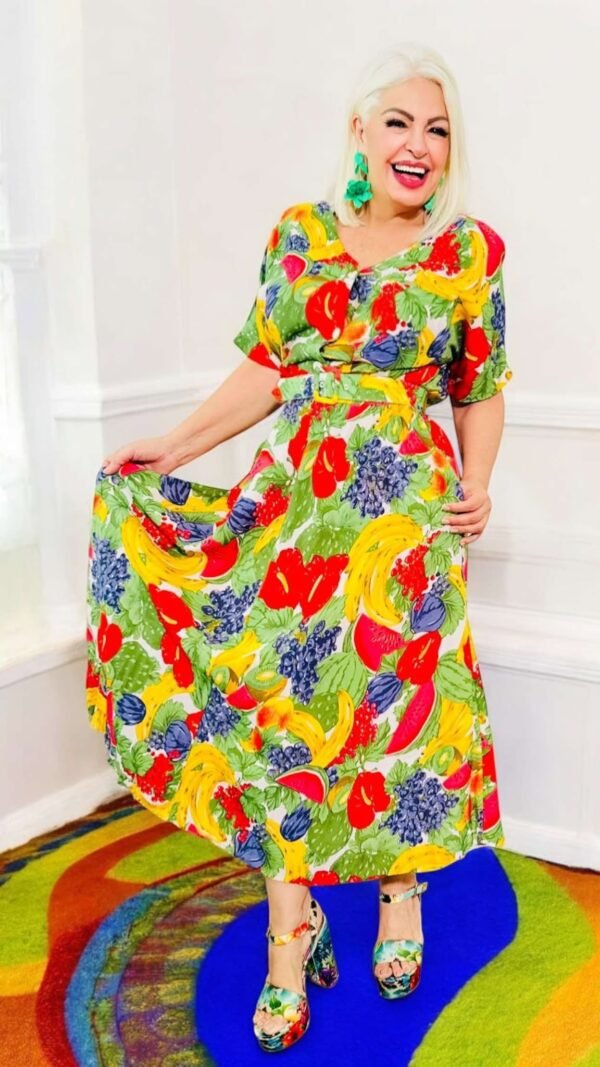 Vestido Midi de Algodón Estampado Tropical con Hombreras y Cinturón Talla L-XL