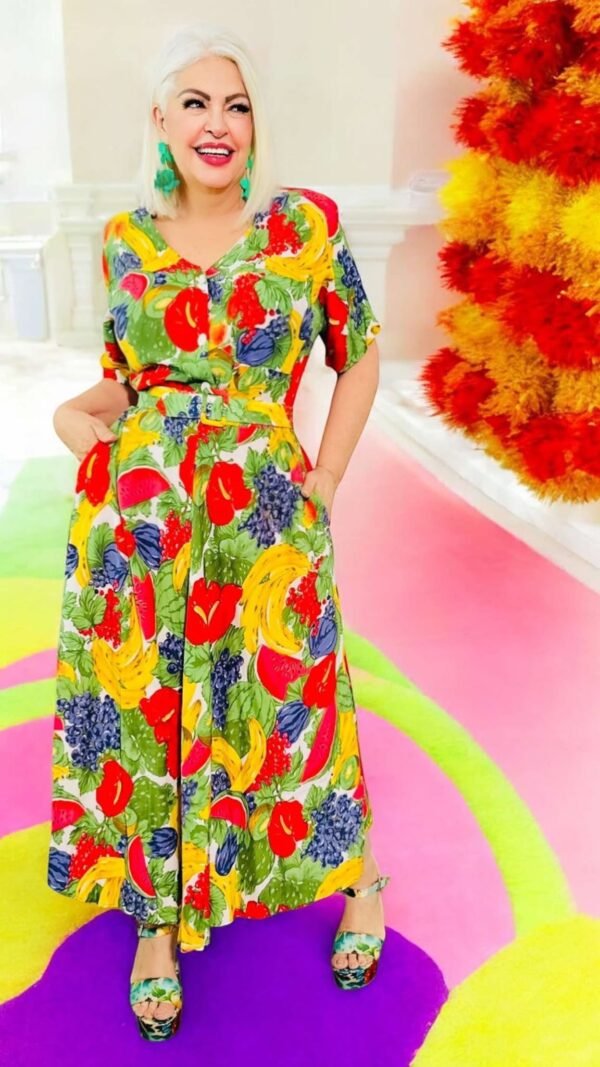 Vestido Midi de Algodón Estampado Tropical con Hombreras y Cinturón Talla L-XL - Image 2